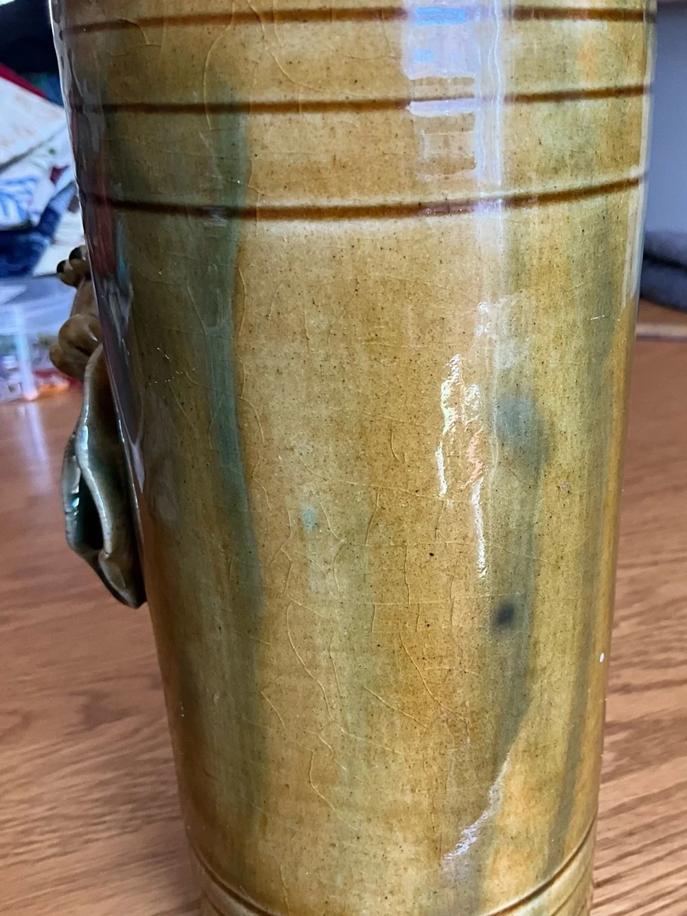 Vintage Art Pottery Majolica Style Vase Bamboo Frogs Lilly Pad Signed 8.5”